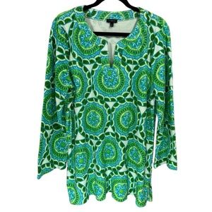 Talbots Medallion Print Terry Split Neck Tunic‎ Beach Coverup Top Green XL